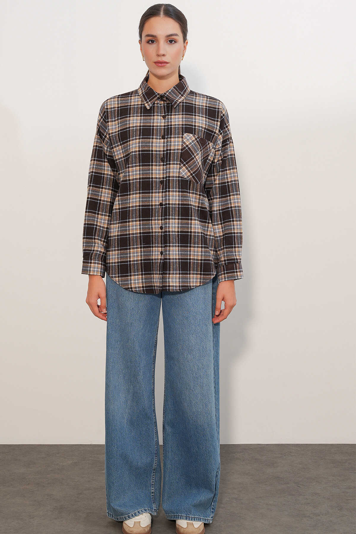 Kadın Ekose Desen Oversize Oduncu Gömlek 3854 C. Kahverengi - 2