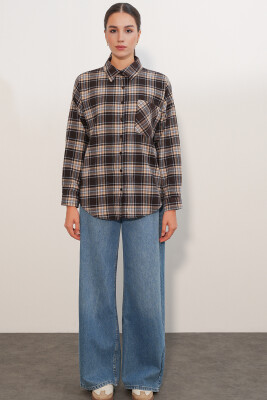 Kadın Ekose Desen Oversize Oduncu Gömlek 3854 C. Kahverengi - 2