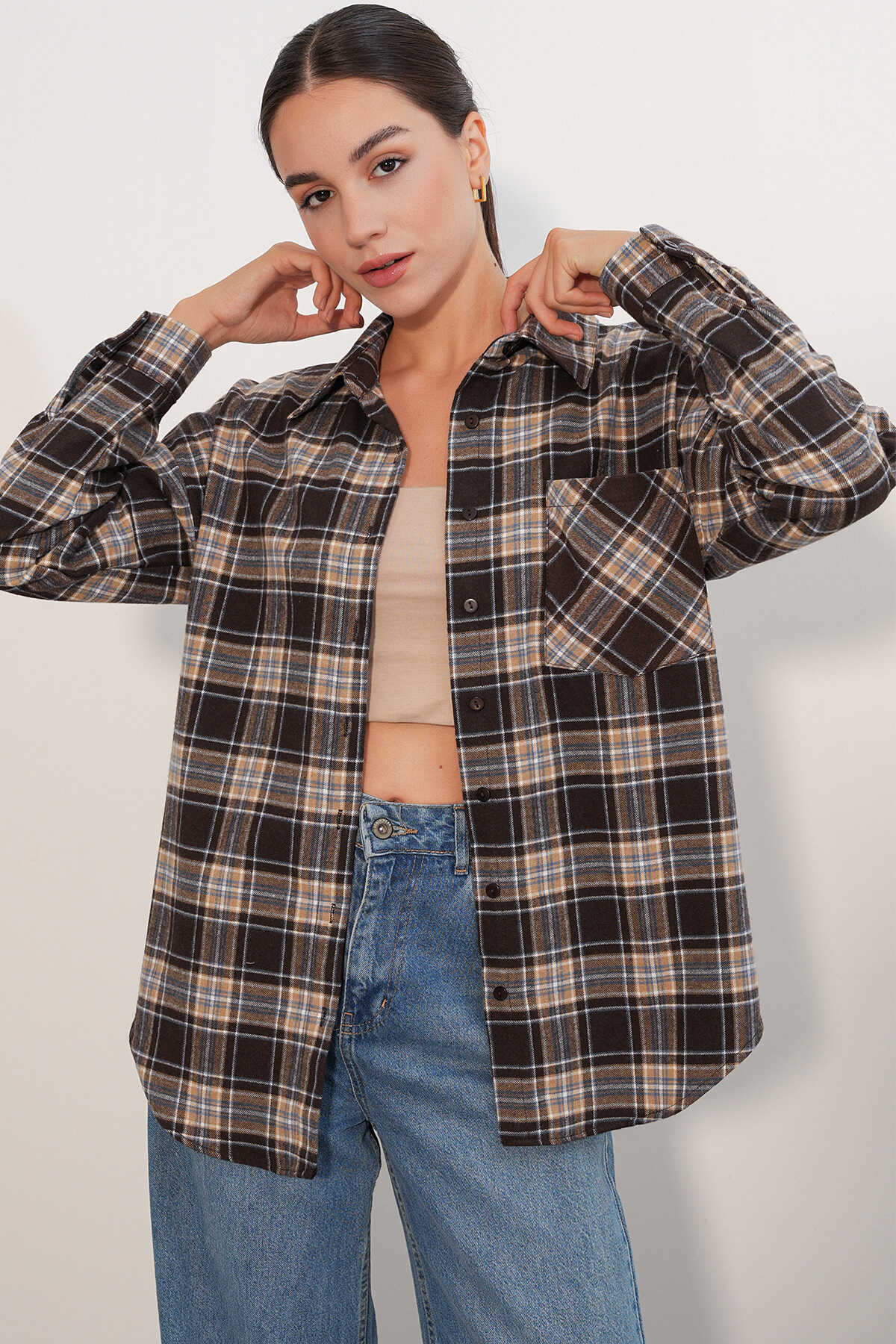 Kadın Ekose Desen Oversize Oduncu Gömlek 3854 C. Kahverengi - 3