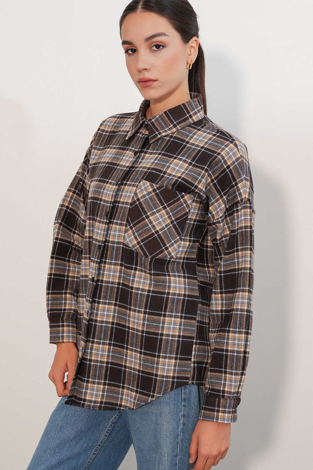 Kadın Ekose Desen Oversize Oduncu Gömlek 3854 C. Kahverengi - 4