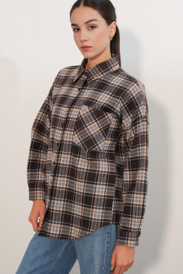 Kadın Ekose Desen Oversize Oduncu Gömlek 3854 C. Kahverengi - 4