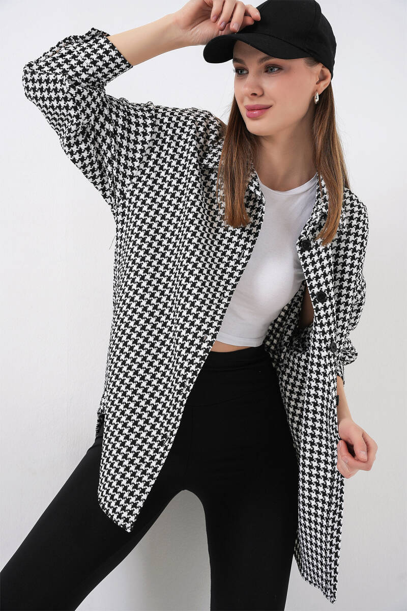 Kadın Kazayağı Desen Oversize Gömlek 3854 - Siyah - Beyaz - BİGDART