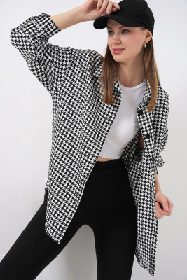 Kadın Kazayağı Desen Oversize Gömlek 3854 - Siyah - Beyaz - 2