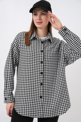 Kadın Kazayağı Desen Oversize Gömlek 3854 - Siyah - Beyaz - 4