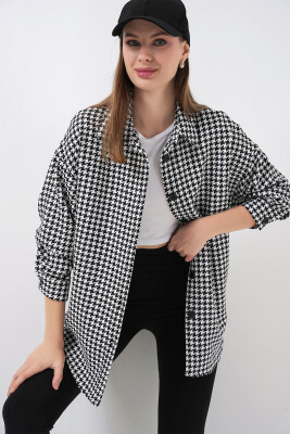 Kadın Kazayağı Desen Oversize Gömlek 3854 - Siyah - Beyaz - 5