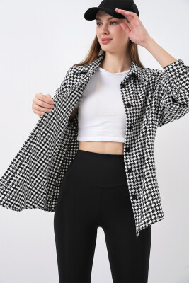 Kadın Kazayağı Desen Oversize Gömlek 3854 - Siyah - Beyaz - 6