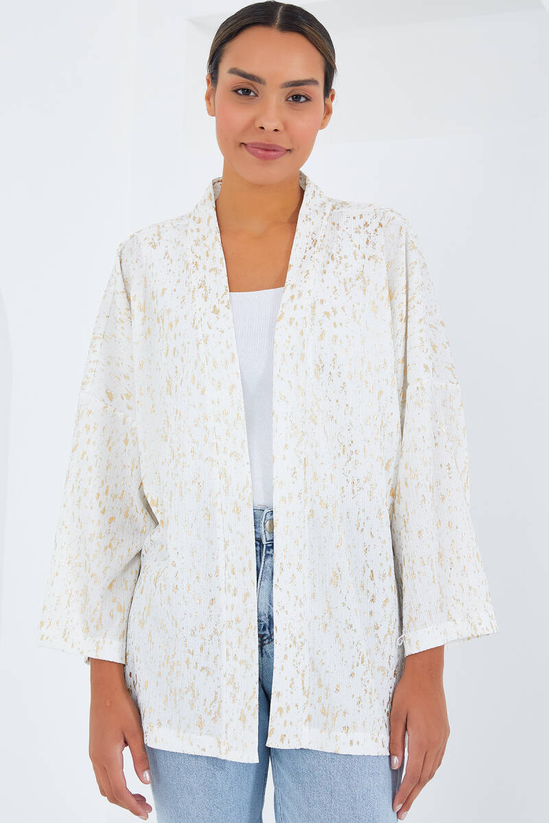 Kadın Ekru Varaklı Örme Kimono 5925 - BİGDART
