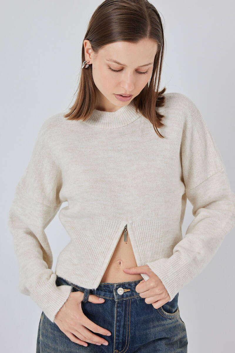 Kadın Fermuarlı Triko Kazak 15937 - Ekru - BİGDART