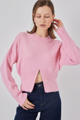 Kadın Fermuarlı Triko Kazak 15937 - Pembe 