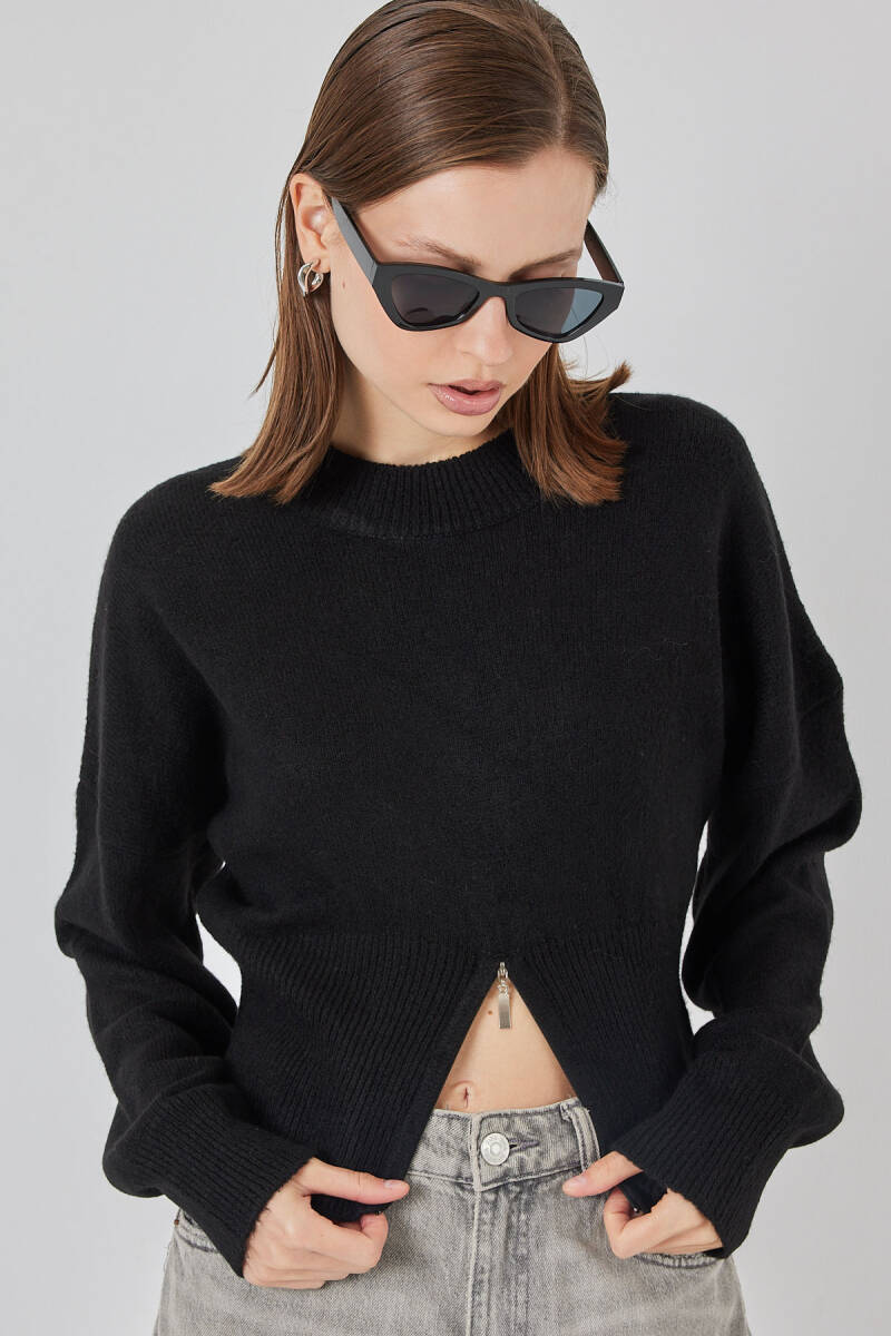 Kadın Fermuarlı Triko Kazak 15937 - Siyah - BİGDART