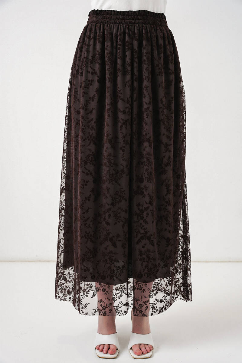 Kadın Flok Baskılı Astarlı Etek 8076 - Kahverengi (1)