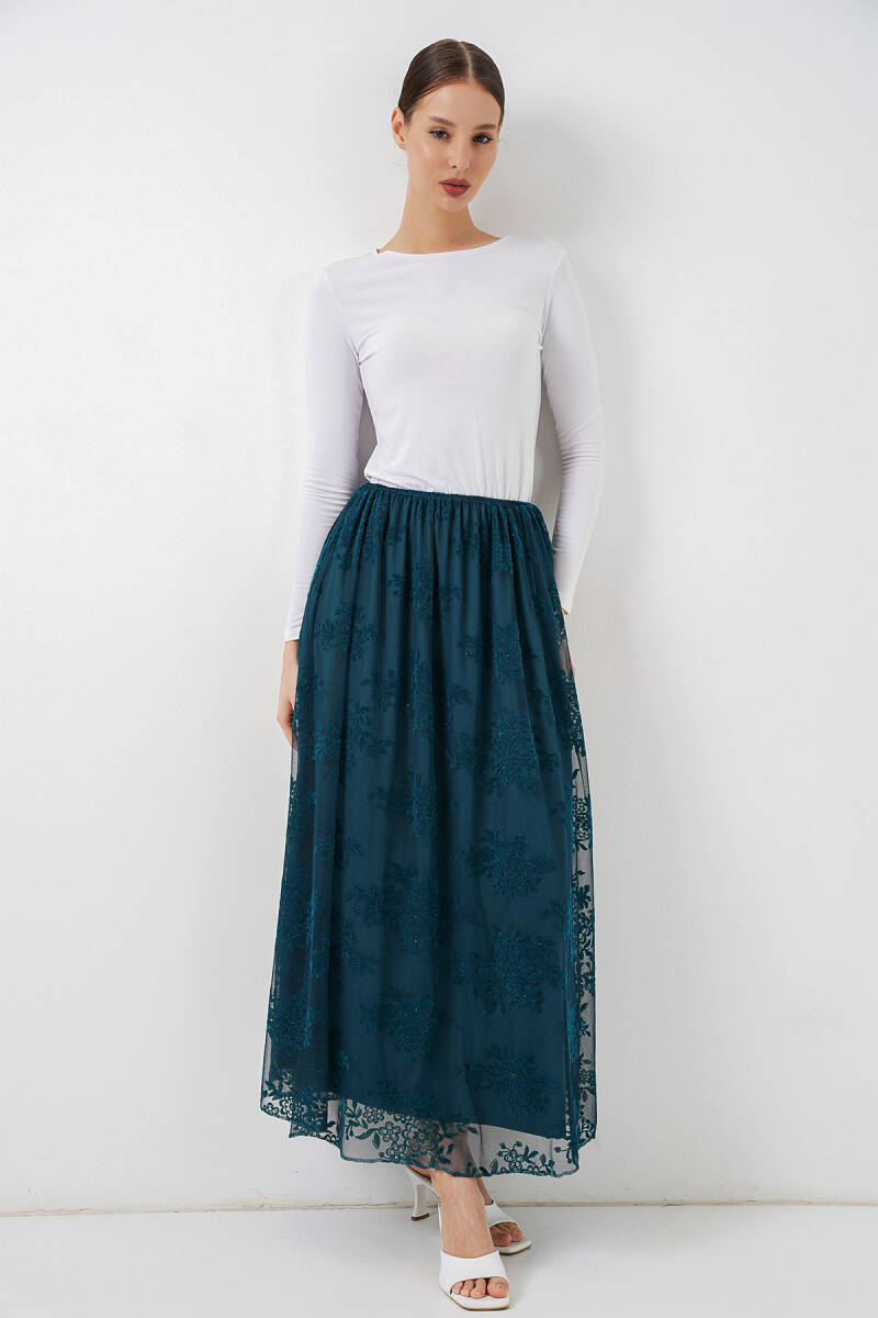 Kadın Flok Baskılı Uzun Tül Etek 8070 - Petrol - BİGDART