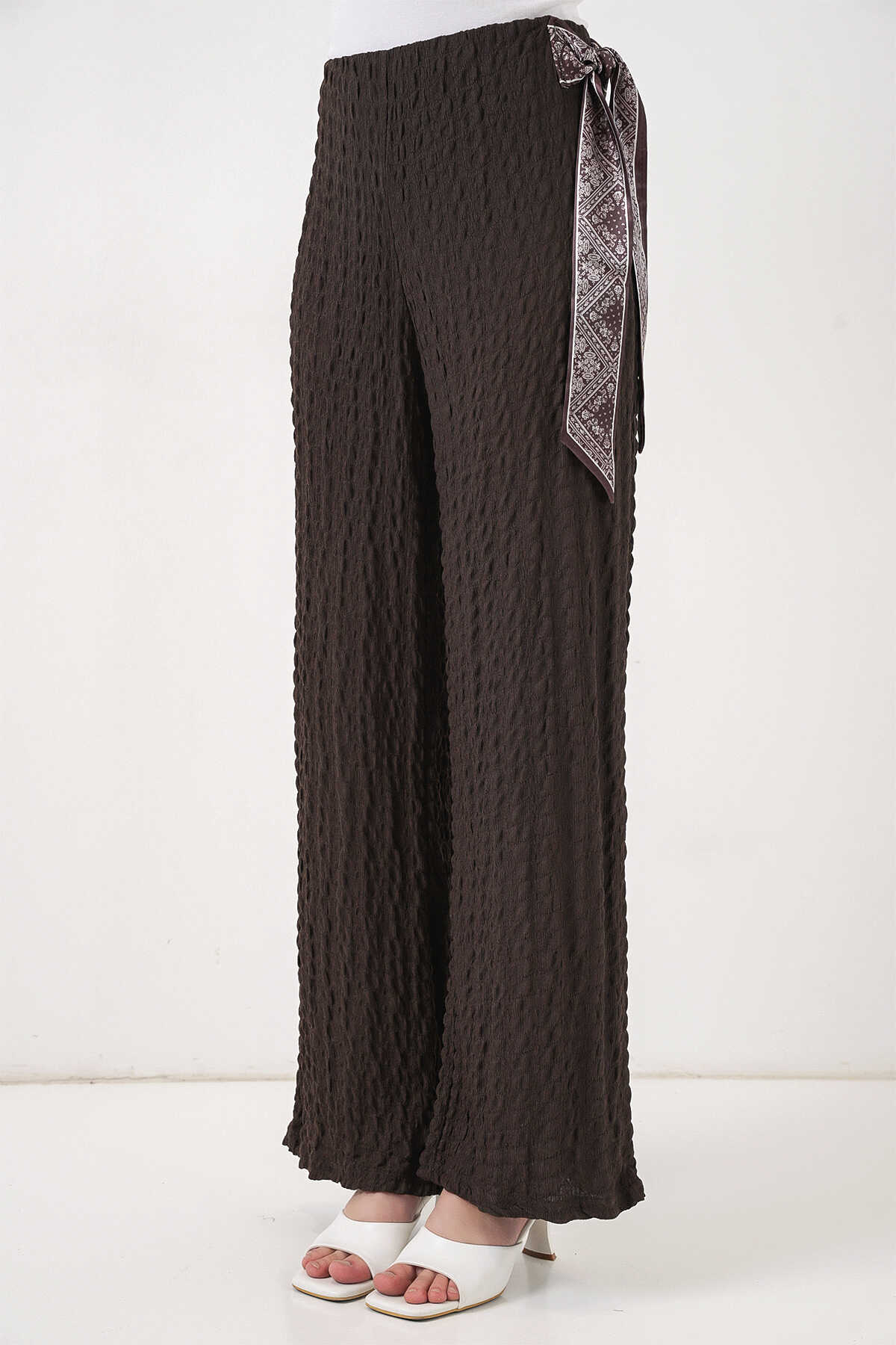 Kadın Fularlı Örme Pantolon 30070 - Kahverengi - 4