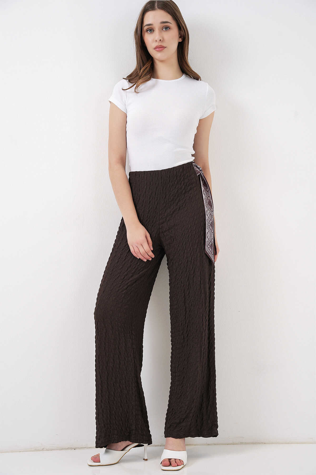Kadın Fularlı Örme Pantolon 30070 - Kahverengi - 5
