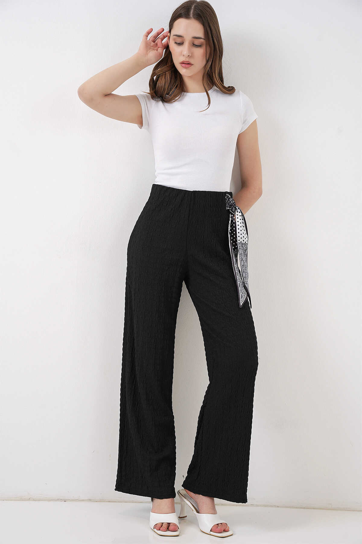 Kadın Fularlı Örme Pantolon 30070 - Siyah - 1