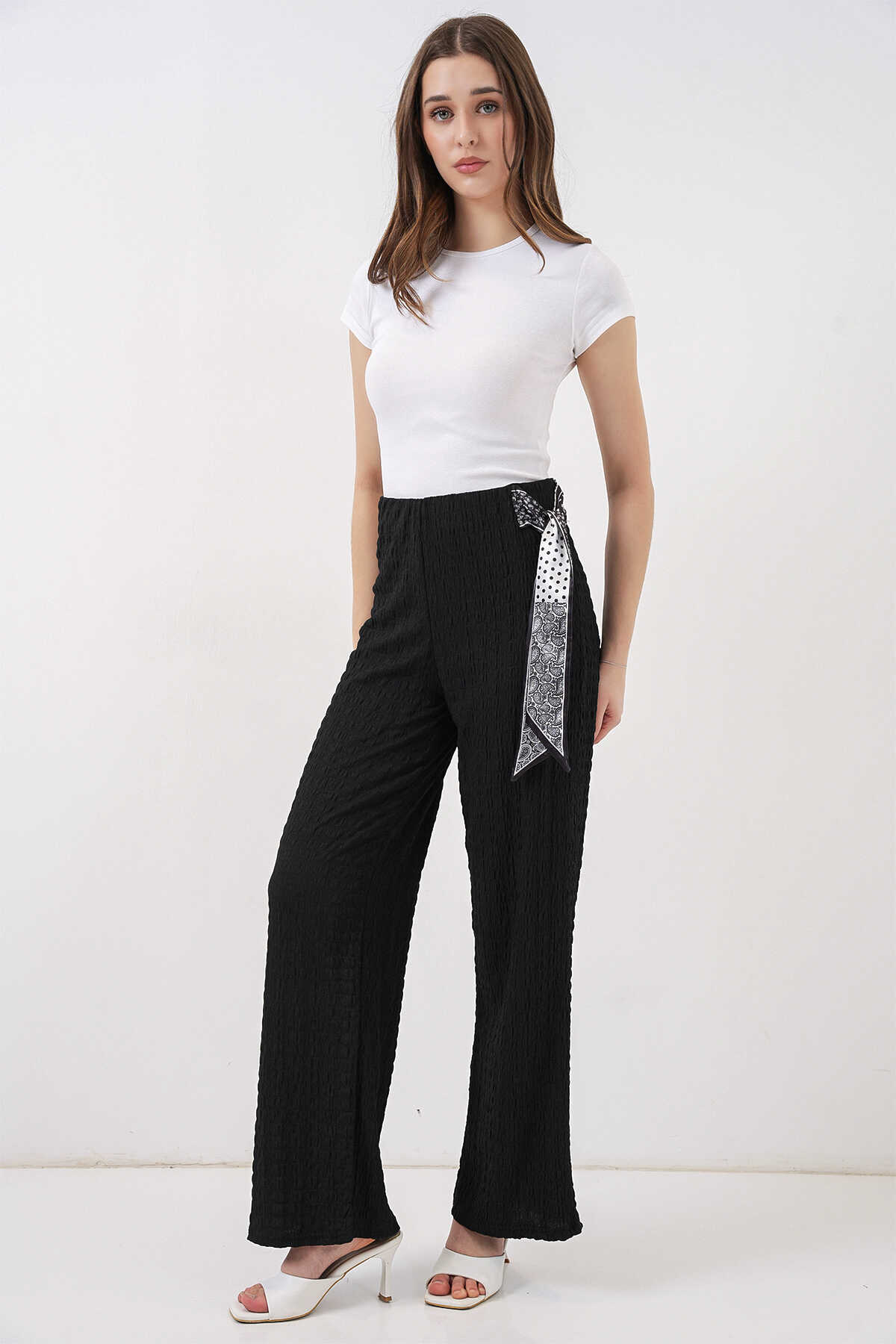 Kadın Fularlı Örme Pantolon 30070 - Siyah - 3