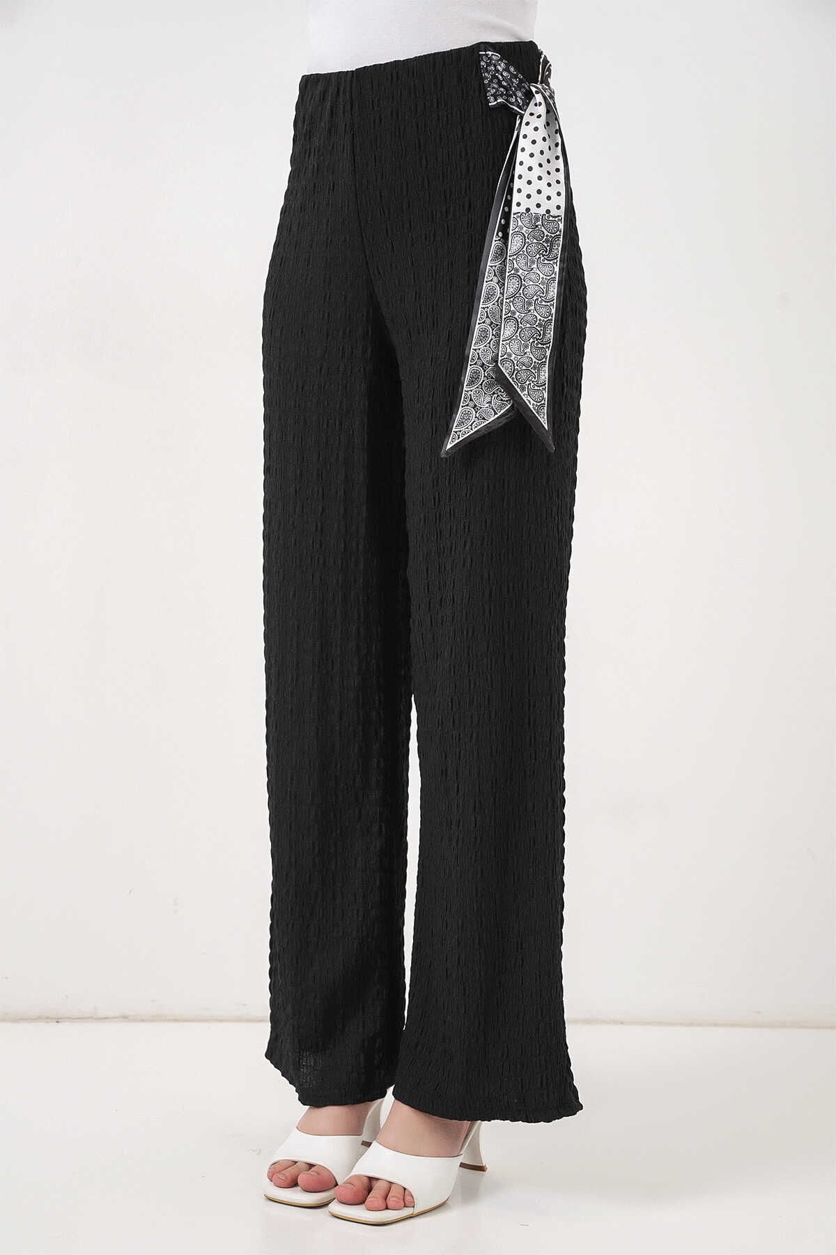 Kadın Fularlı Örme Pantolon 30070 - Siyah - 4