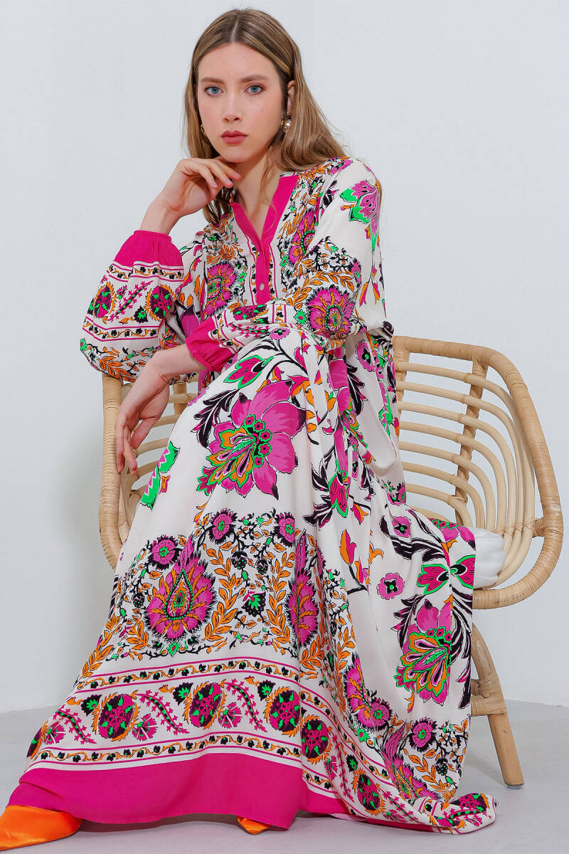 Kadın Fuşya Krem Desenli Viskon Tesettür Elbise 2423 - BİGDART