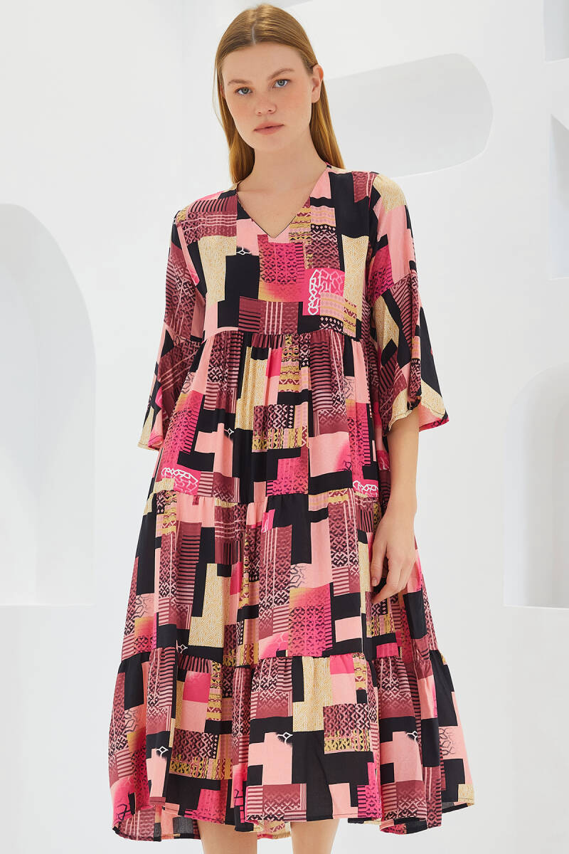 Kadın Fuşya Siyah Desenli Kısa Kol Viskon Elbise 1959 - BİGDART