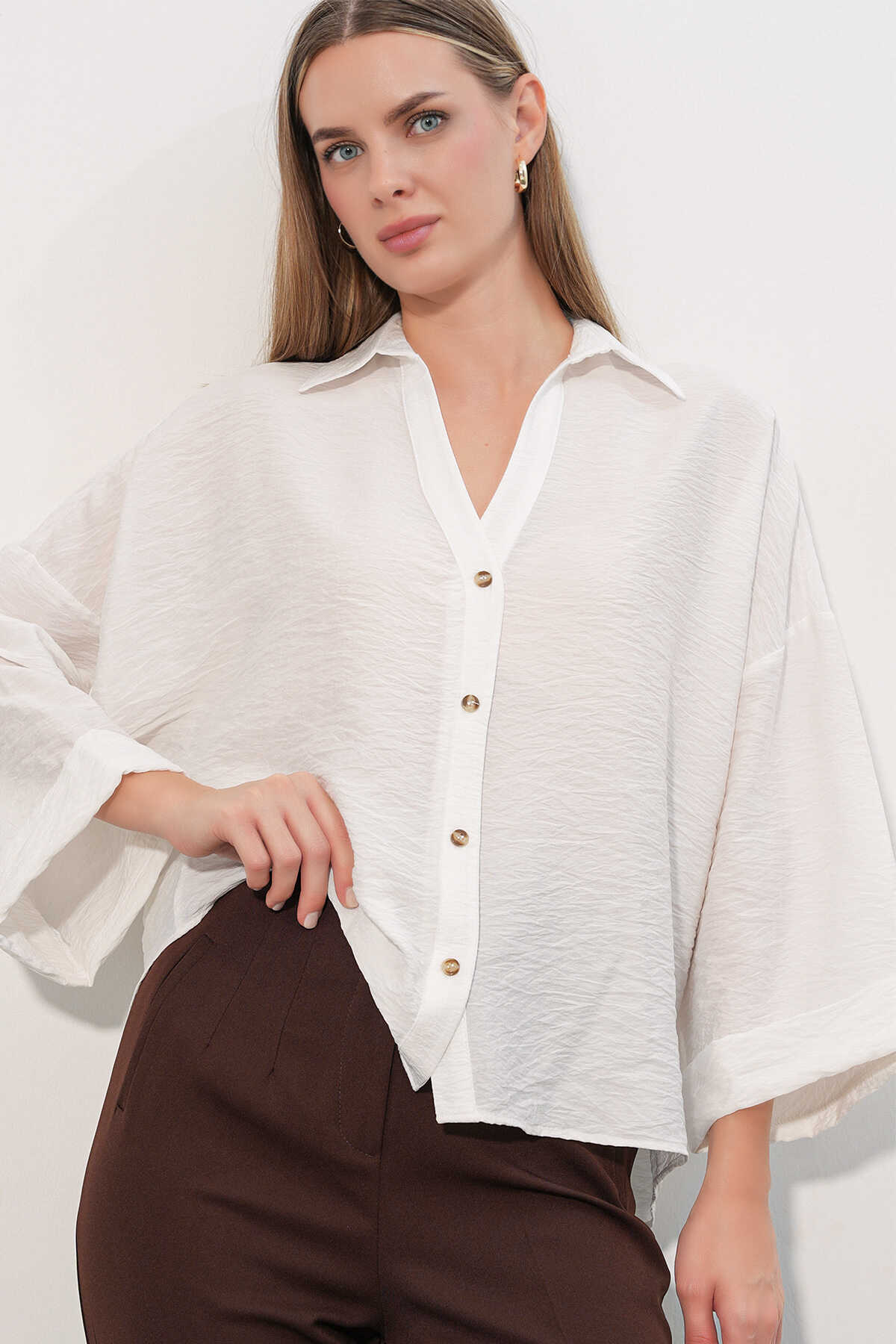 Kadın Geniş Kol Oversize Gömlek 20401 - Beyaz - 3