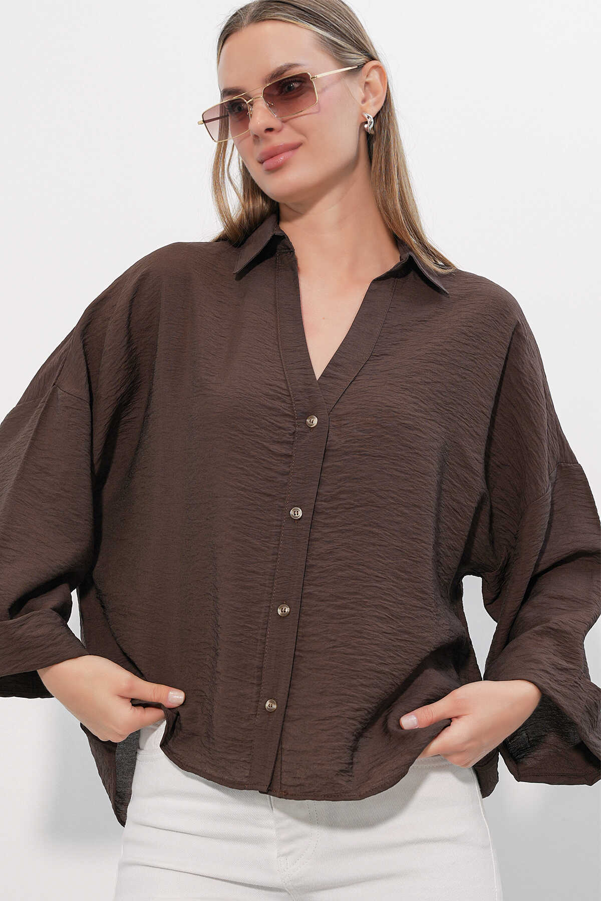 Kadın Geniş Kol Oversize Gömlek 20401 - Kahverengi - 3