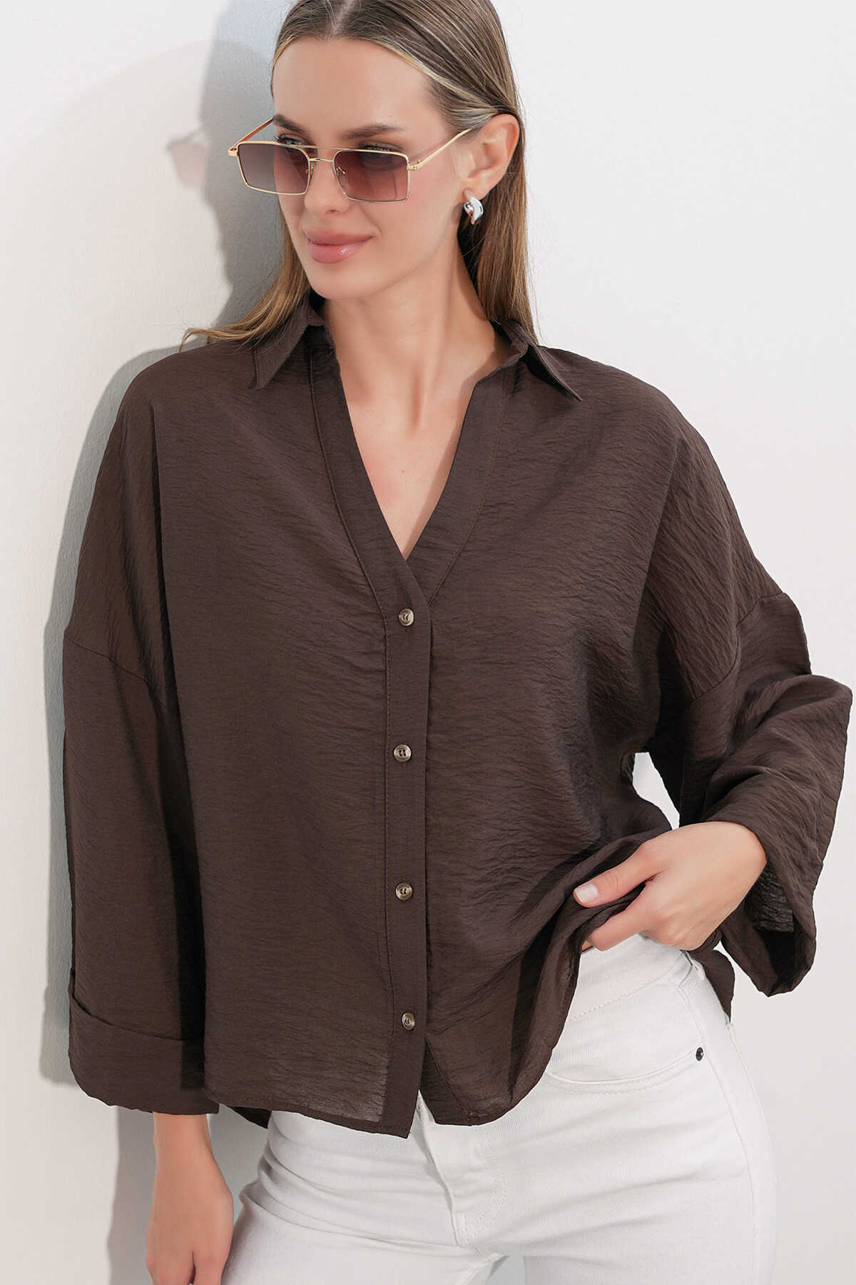 Kadın Geniş Kol Oversize Gömlek 20401 - Kahverengi - 4