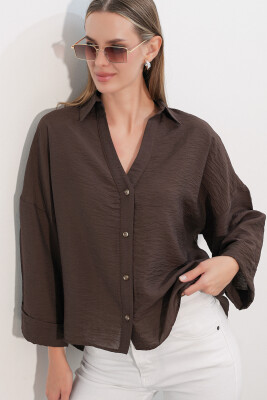 Kadın Geniş Kol Oversize Gömlek 20401 - Kahverengi - 4