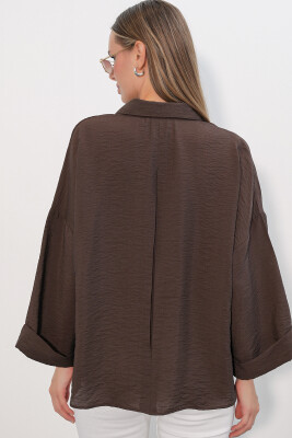 Kadın Geniş Kol Oversize Gömlek 20401 - Kahverengi - 6