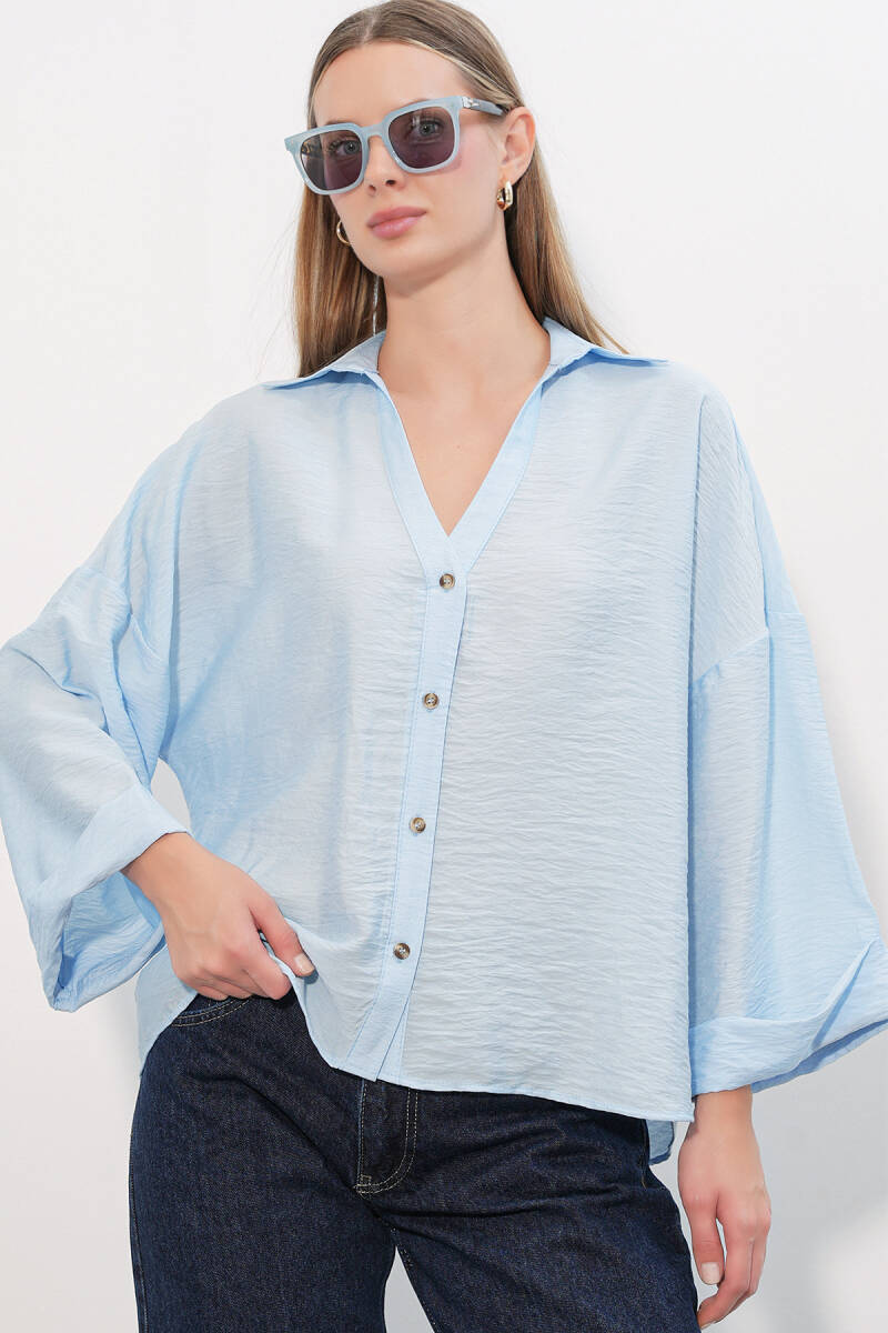 Kadın Geniş Kol Oversize Gömlek 20401 - Mavi - BİGDART