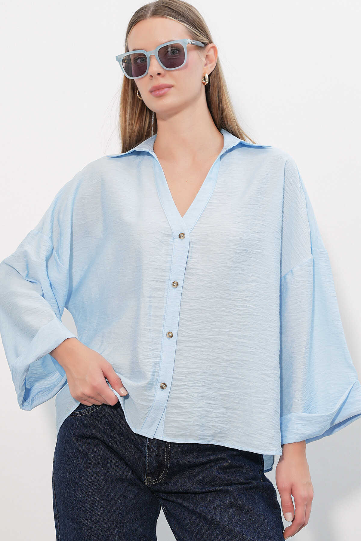 Kadın Geniş Kol Oversize Gömlek 20401 - Mavi - 1