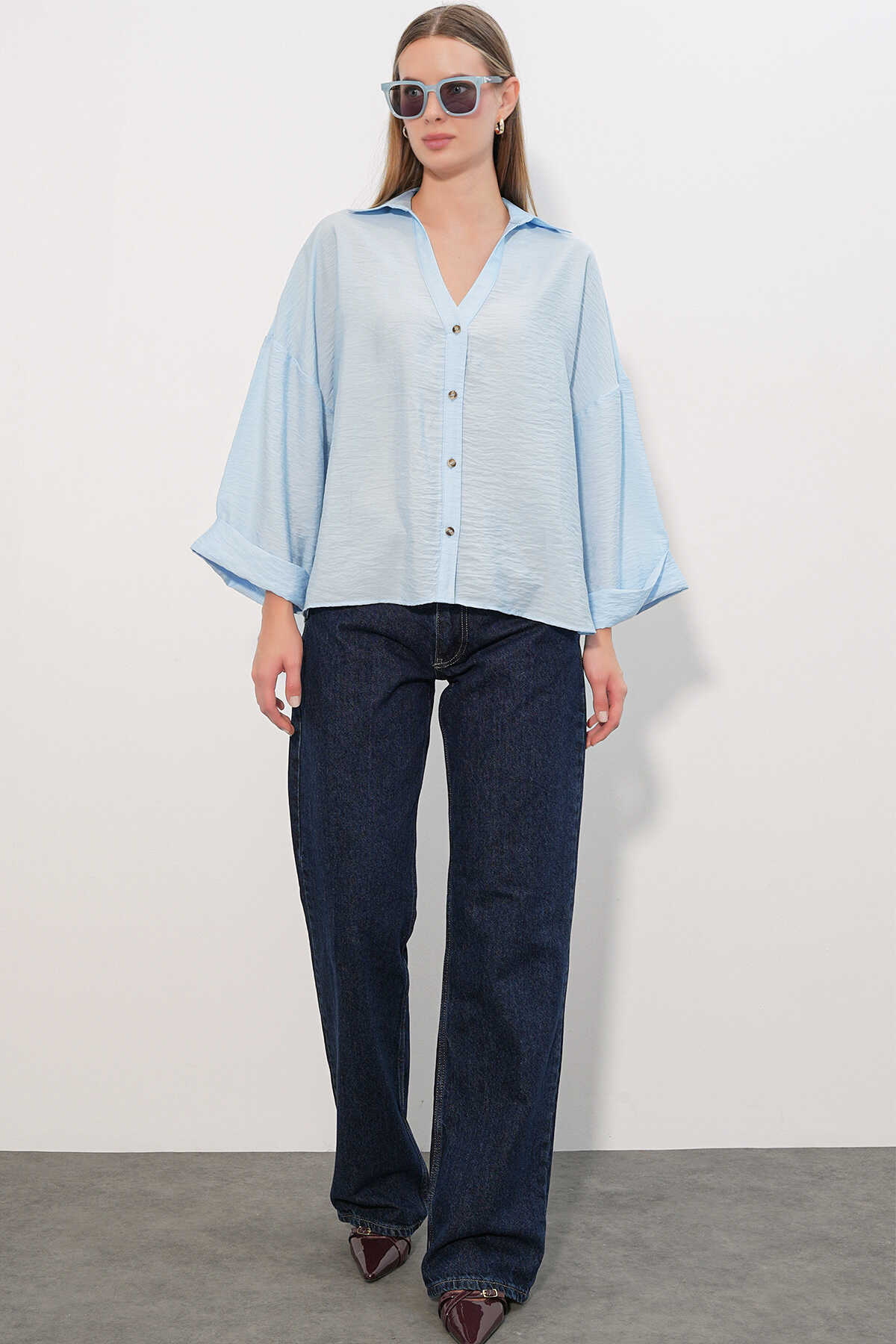 Kadın Geniş Kol Oversize Gömlek 20401 - Mavi - 2