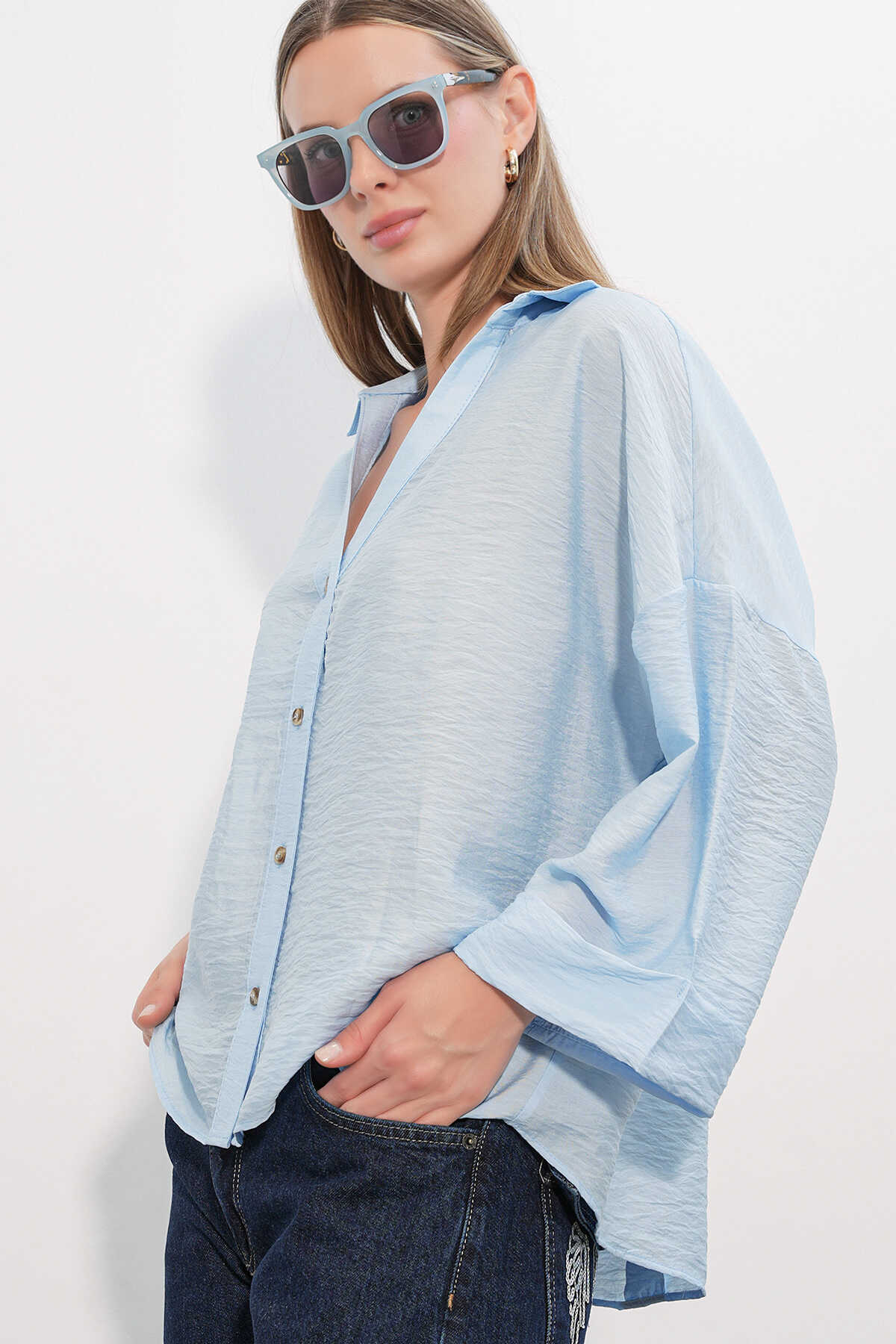 Kadın Geniş Kol Oversize Gömlek 20401 - Mavi - 3
