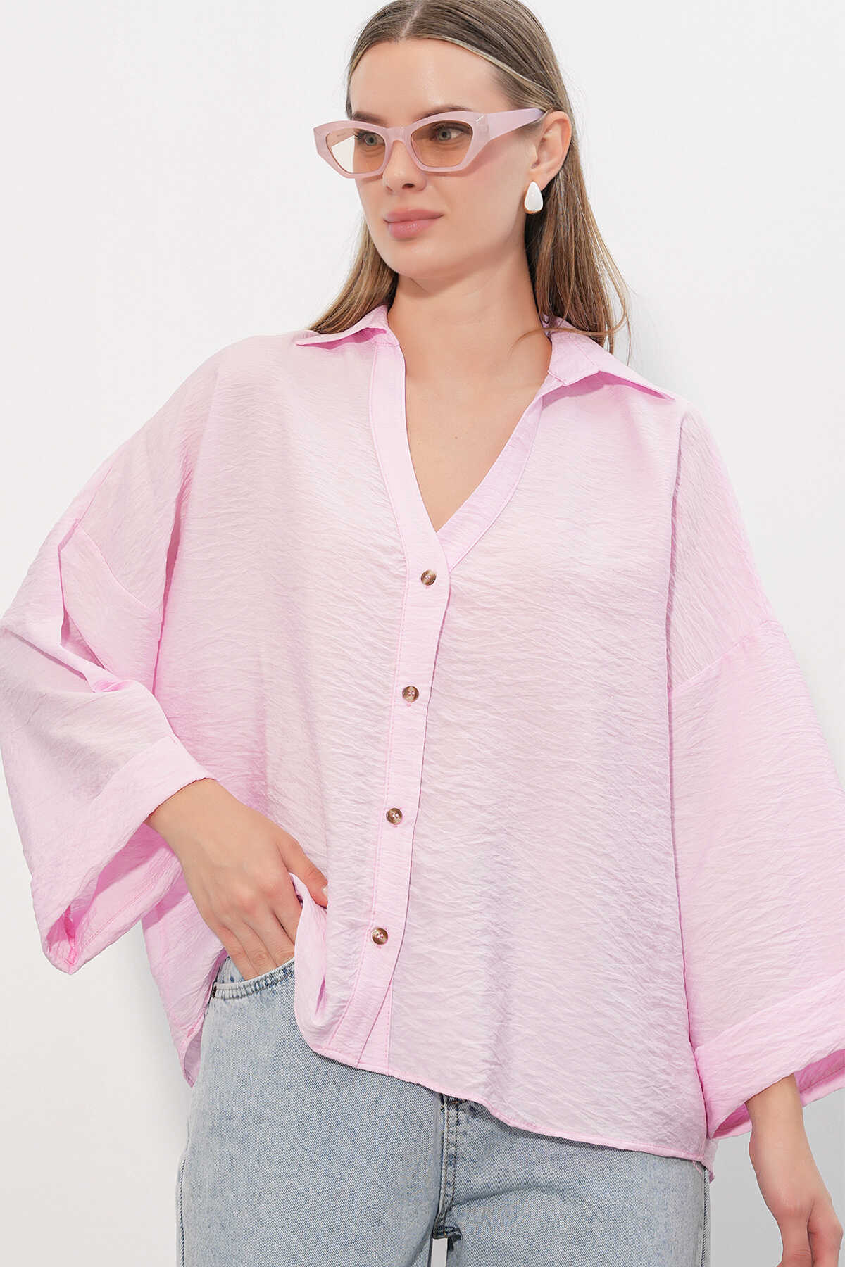 Kadın Geniş Kol Oversize Gömlek 20401 - Pembe - 1