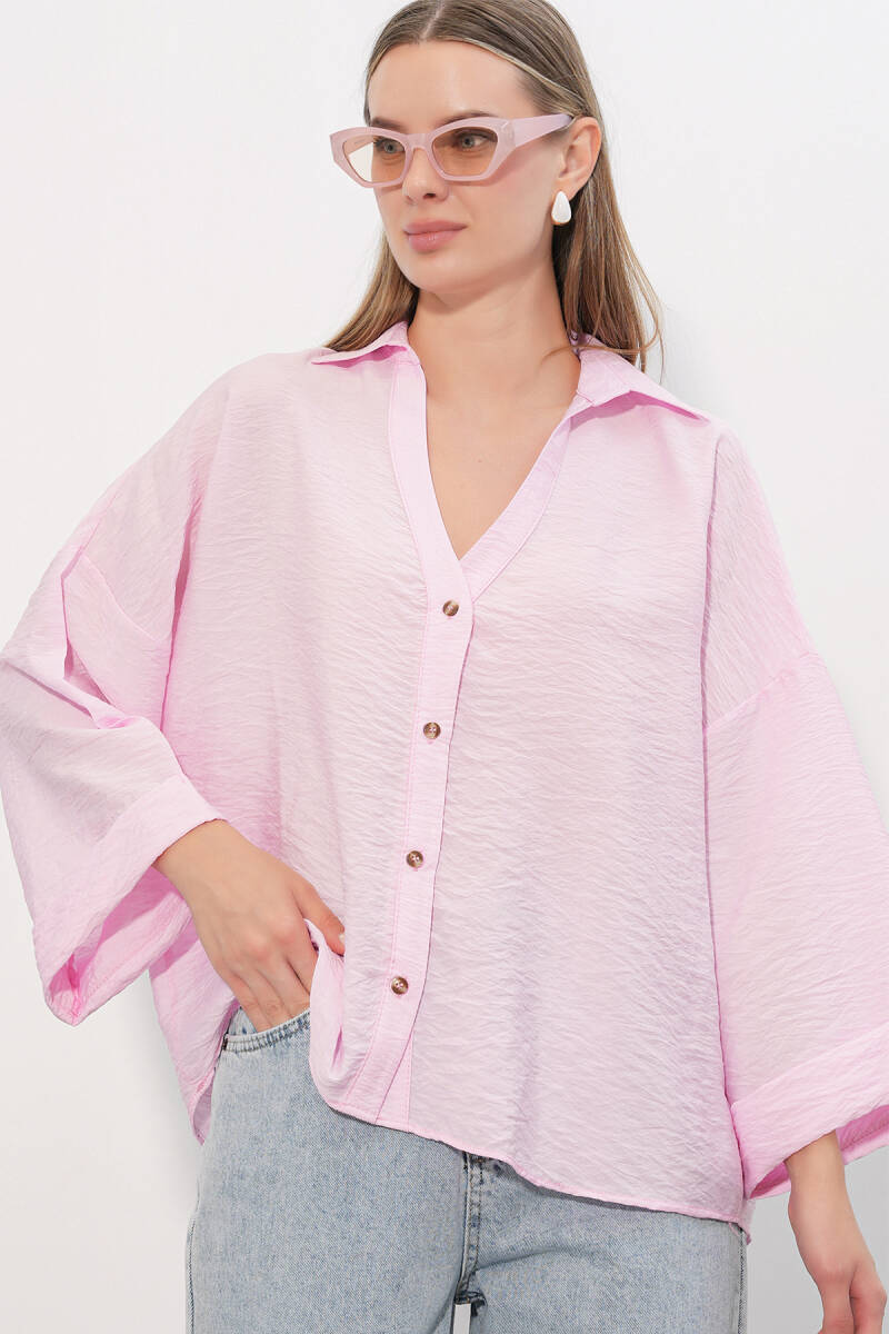 Kadın Geniş Kol Oversize Gömlek 20401 - Pembe - BİGDART