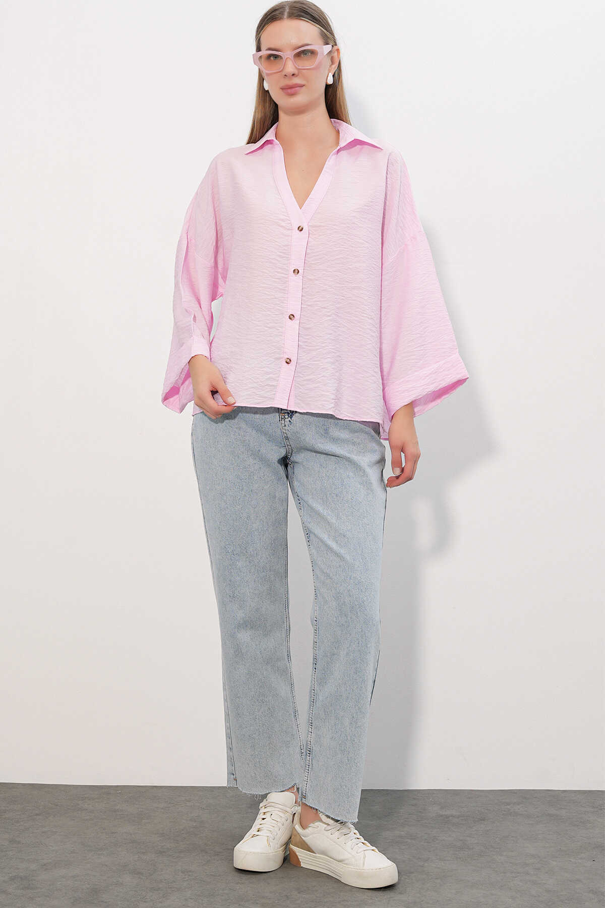 Kadın Geniş Kol Oversize Gömlek 20401 - Pembe - 2