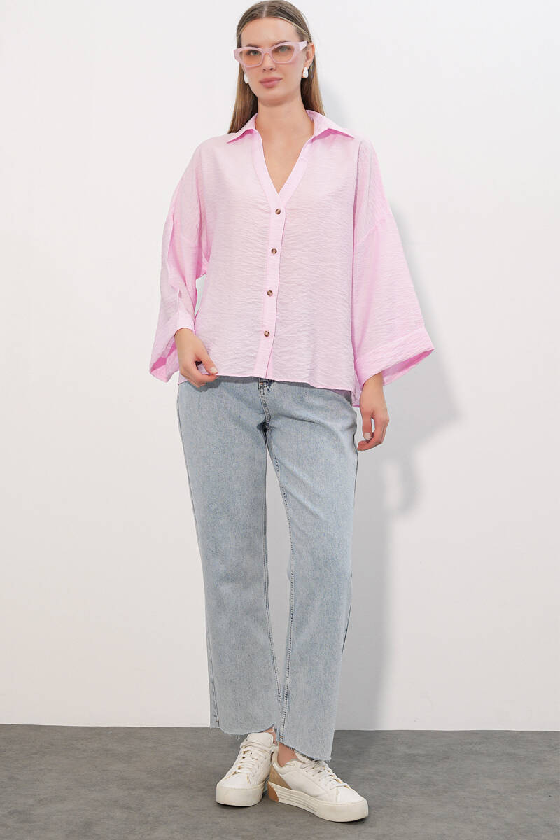 Kadın Geniş Kol Oversize Gömlek 20401 - Pembe (1)