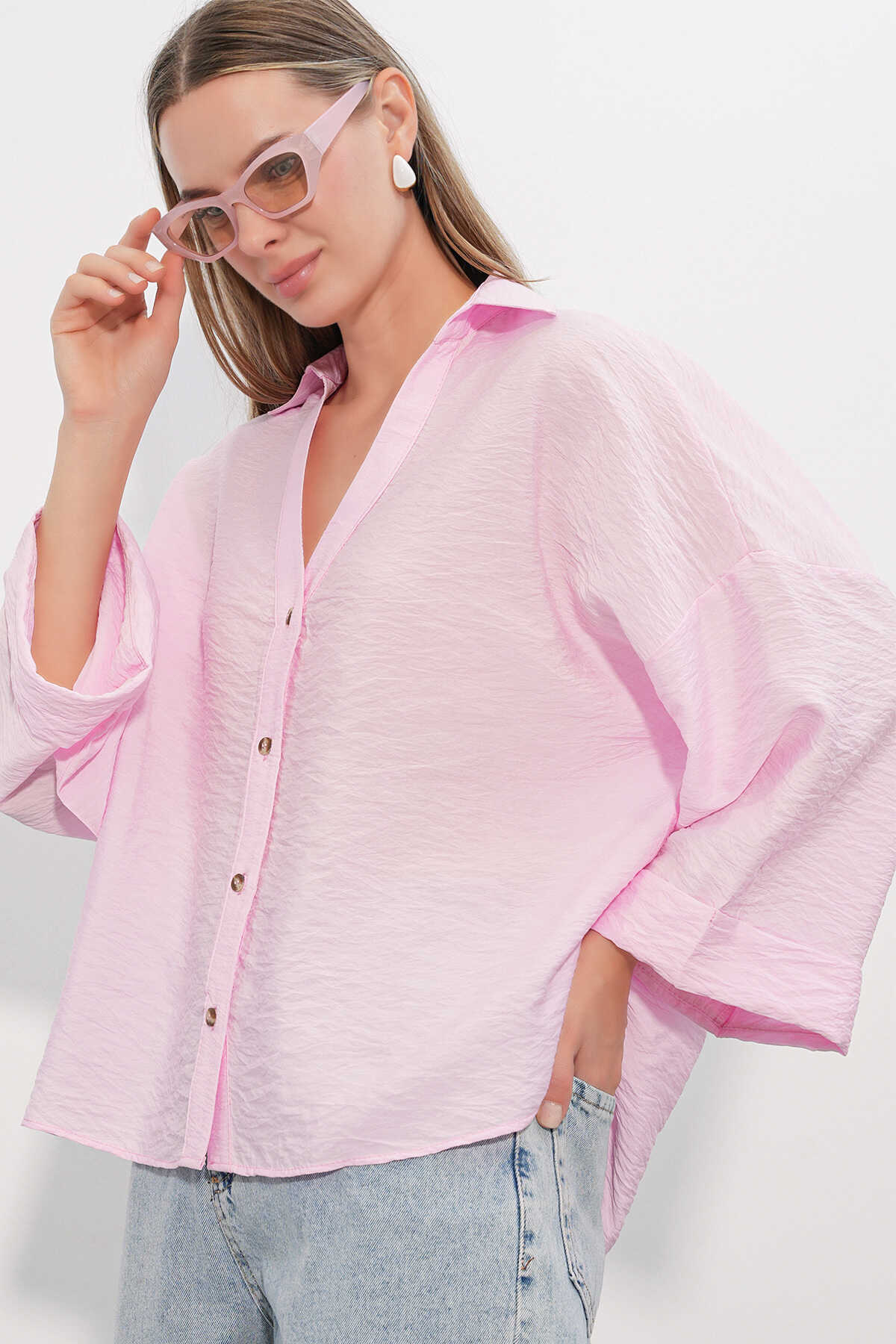 Kadın Geniş Kol Oversize Gömlek 20401 - Pembe - 3