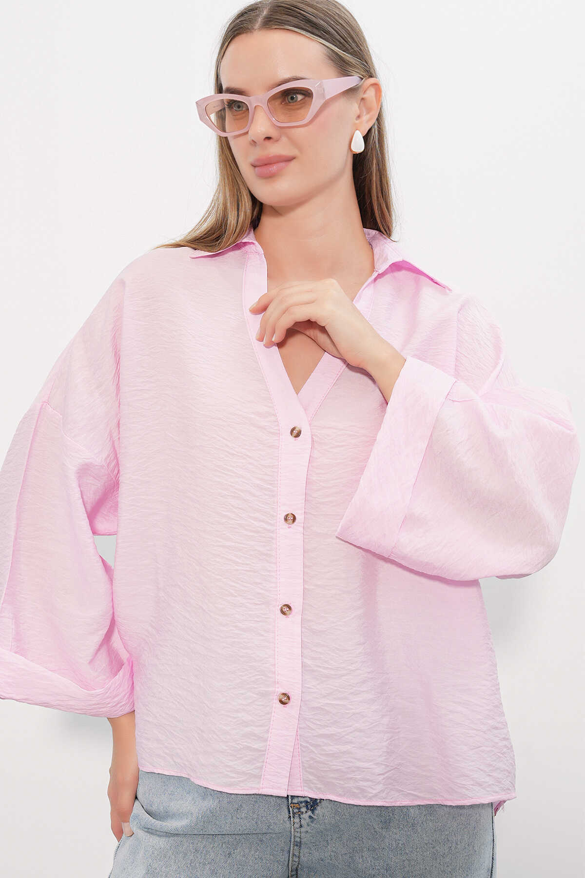 Kadın Geniş Kol Oversize Gömlek 20401 - Pembe - 4