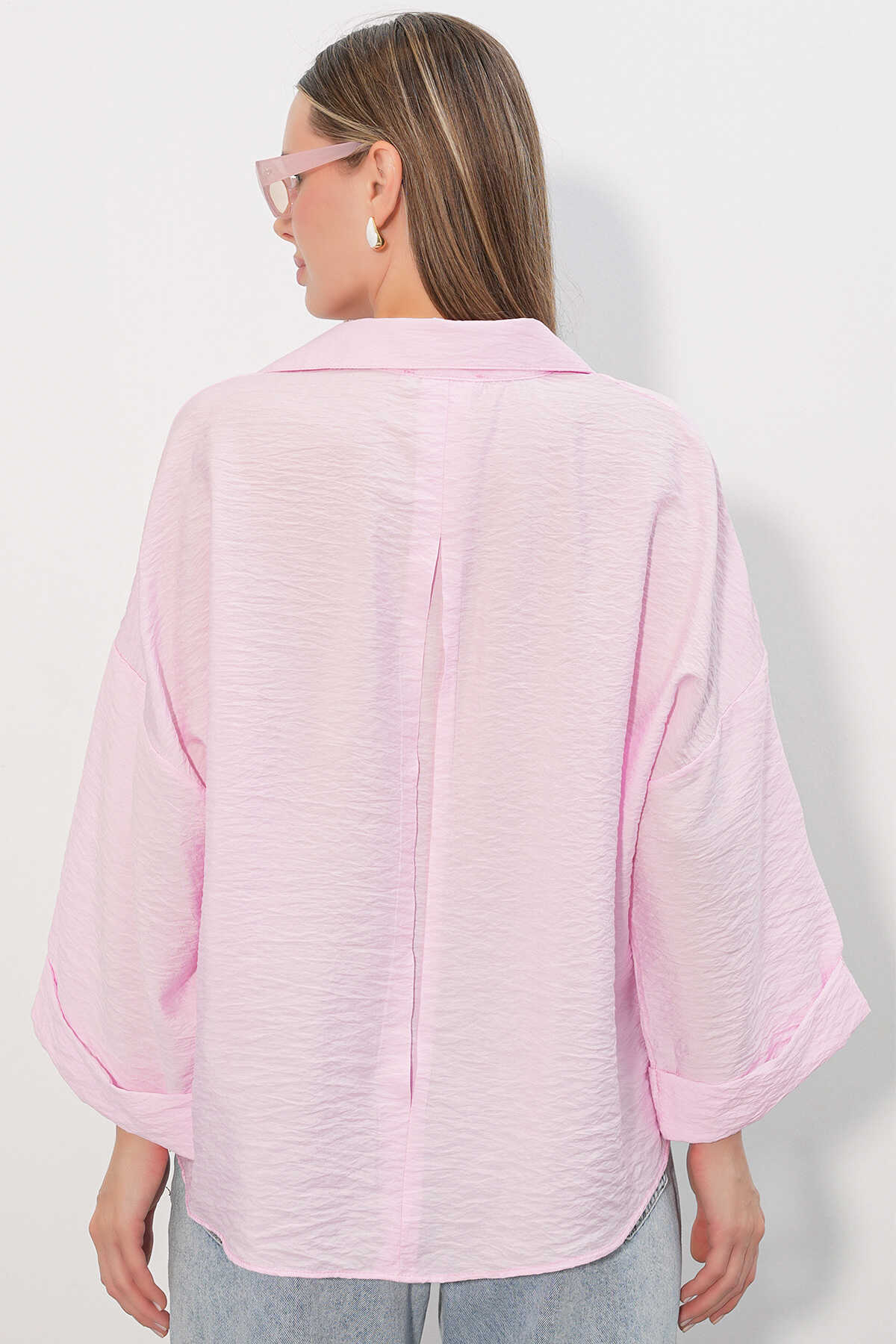 Kadın Geniş Kol Oversize Gömlek 20401 - Pembe - 6
