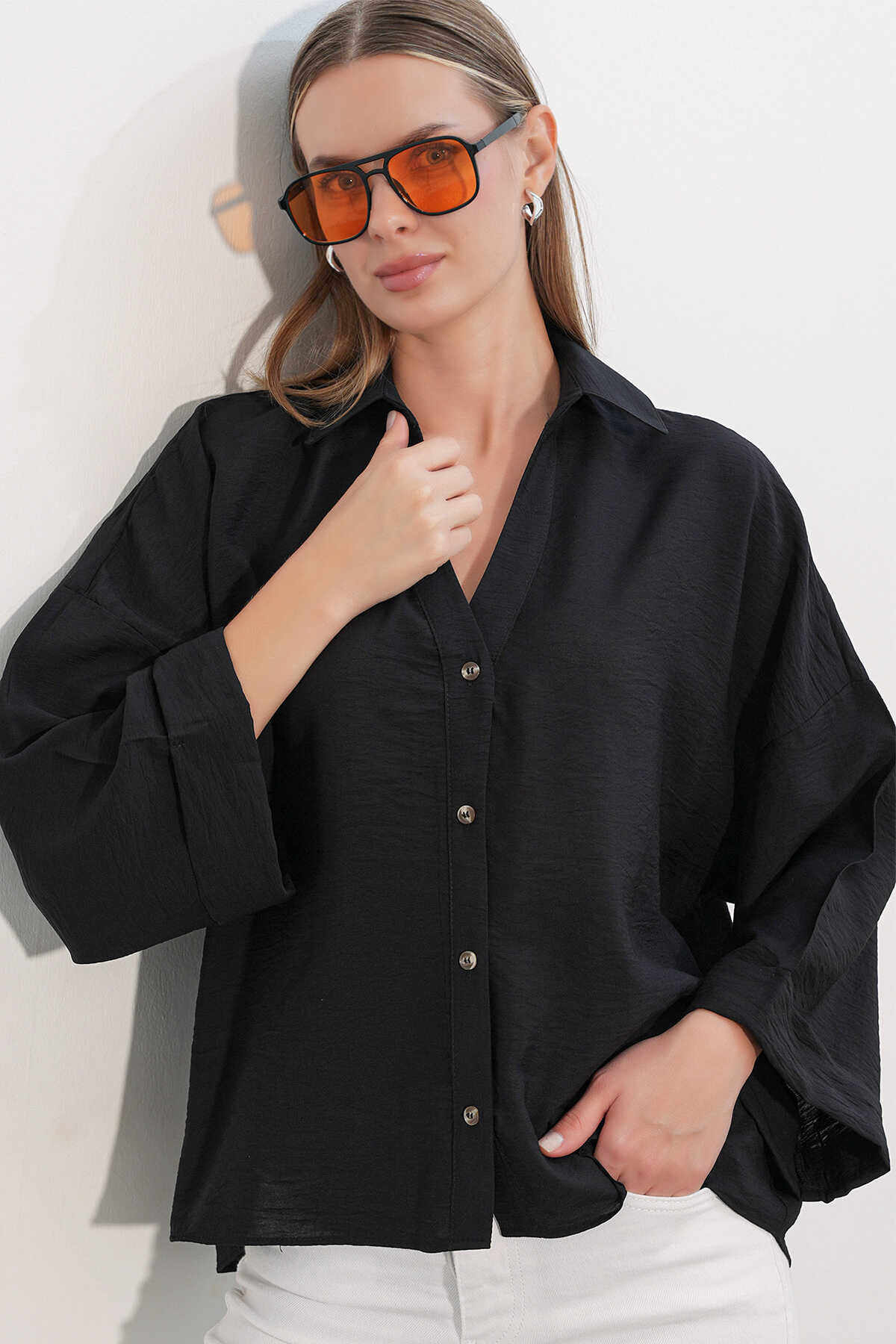 Kadın Geniş Kol Oversize Gömlek 20401 - Siyah - 3