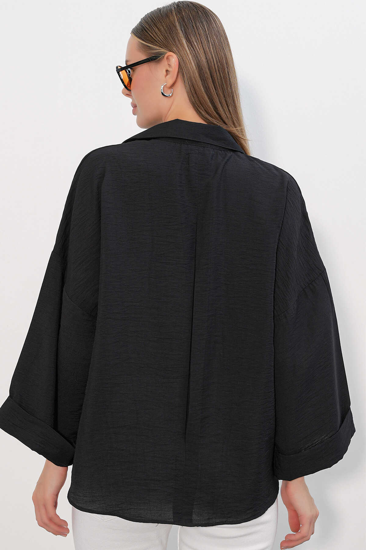 Kadın Geniş Kol Oversize Gömlek 20401 - Siyah - 6