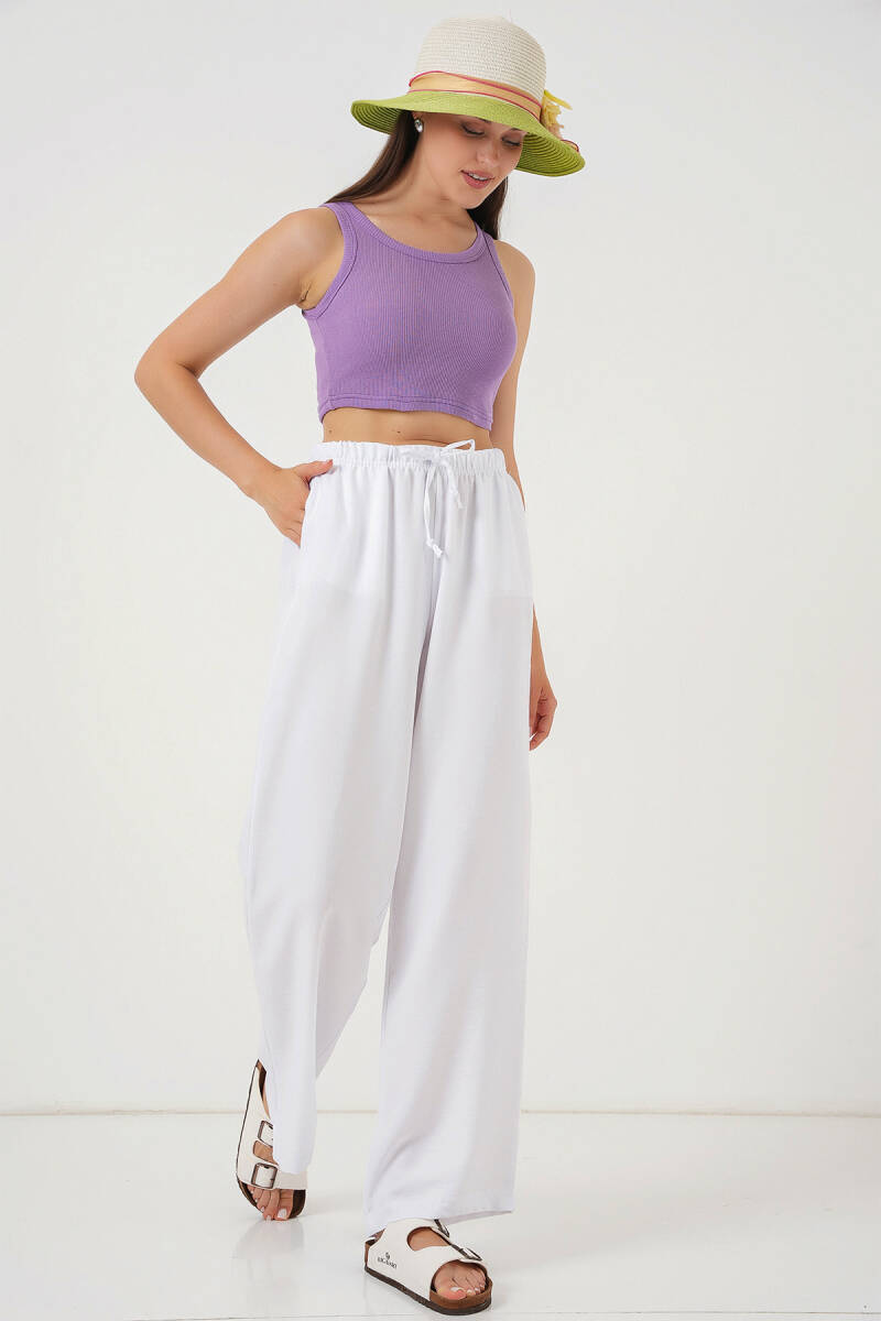 Kadın Geniş Paça Keten Pantolon 6735 - Beyaz - BİGDART