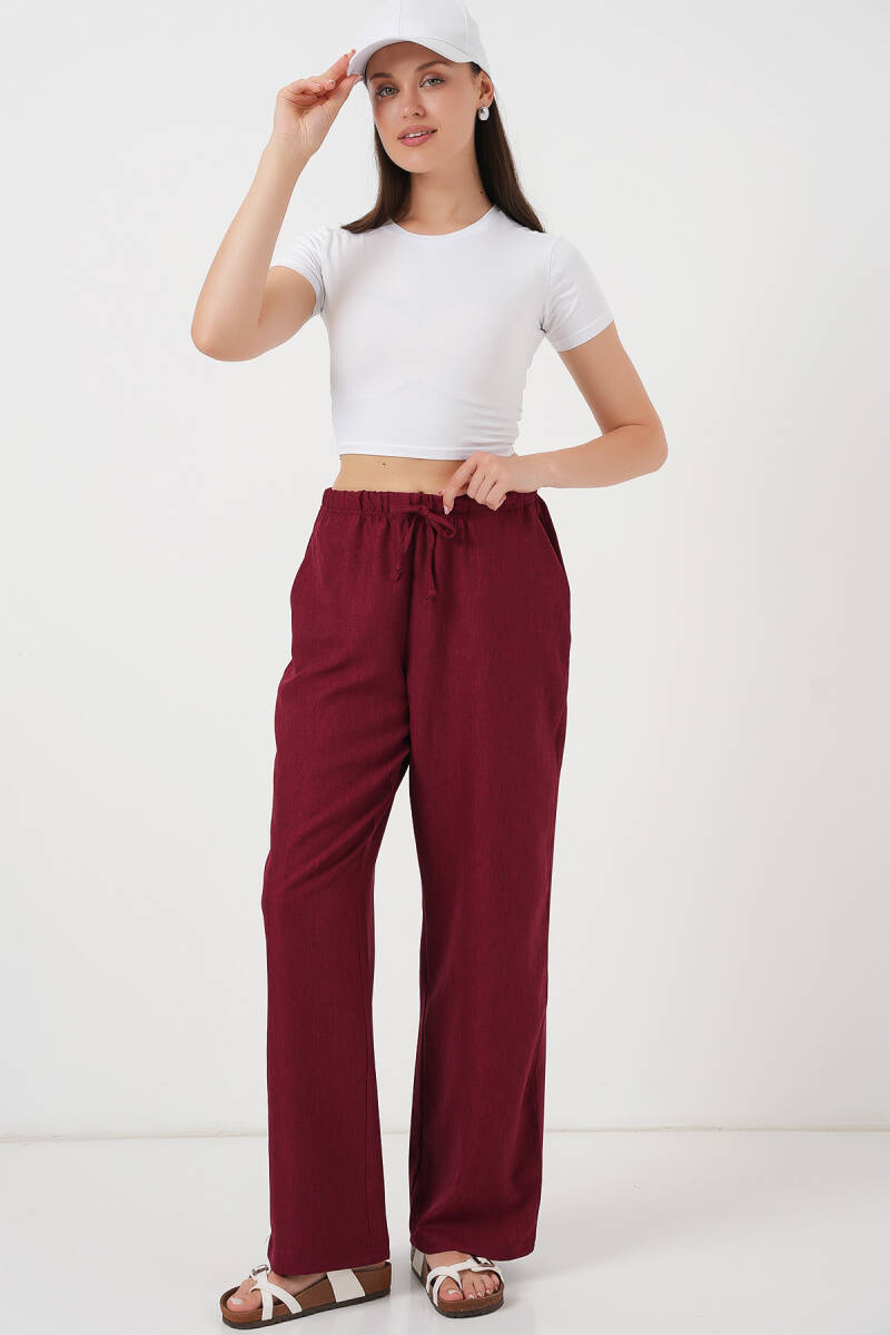 Kadın Geniş Paça Keten Pantolon 6735 - Bordo - BİGDART