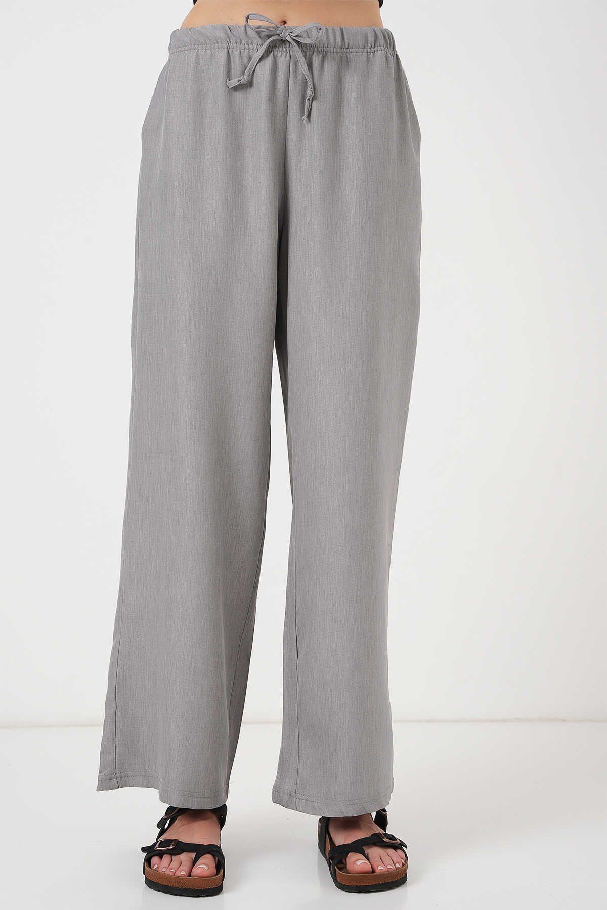 Kadın Geniş Paça Keten Pantolon 6735 - Gri - 4