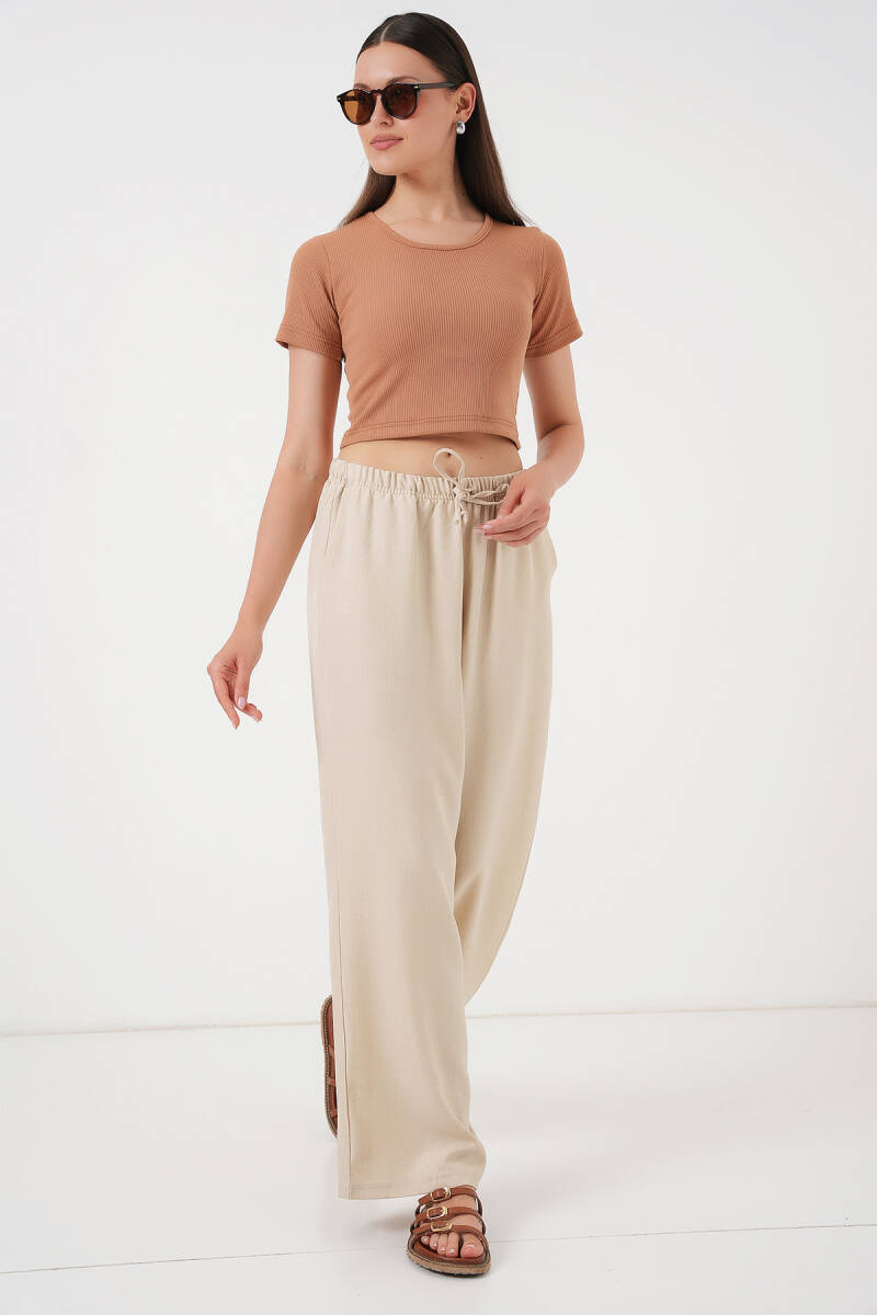 Kadın Geniş Paça Keten Pantolon 6735 - Krem - BİGDART