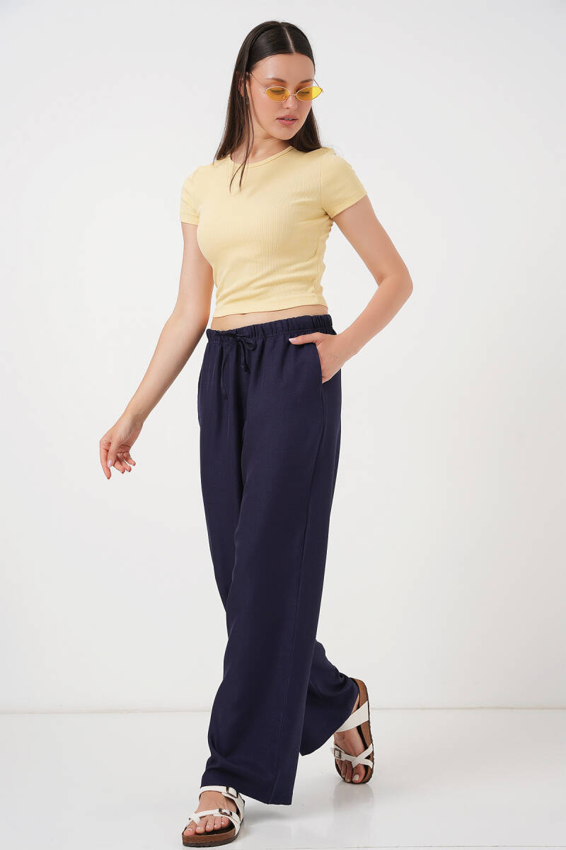 Kadın Geniş Paça Keten Pantolon 6735 - Lacivert - BİGDART