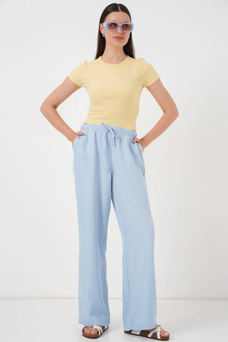 Kadın Geniş Paça Keten Pantolon 6735 - Mavi - BİGDART