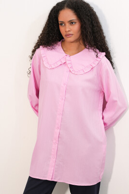 Kadın Geniş Yaka Fırfır Detaylı Çizgili Tunik Gömlek 5993 - Pembe - 3