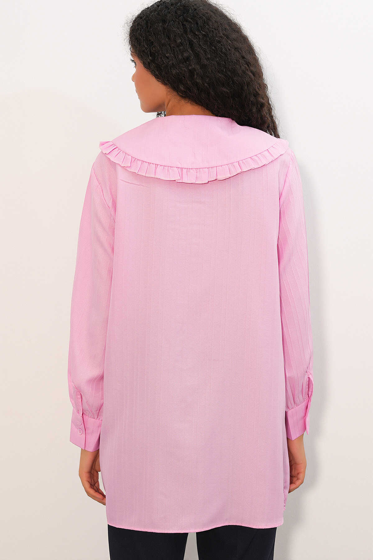 Kadın Geniş Yaka Fırfır Detaylı Çizgili Tunik Gömlek 5993 - Pembe - 6