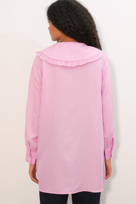 Kadın Geniş Yaka Fırfır Detaylı Çizgili Tunik Gömlek 5993 - Pembe - 6